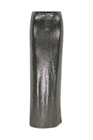 Tagg metallic mid-rise maxi skirt with a flowing fabric and shiny silver finish, styled for a trendy, elegant look.