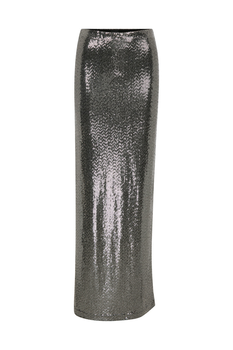 Tagg metallic mid-rise maxi skirt with a flowing fabric and shiny silver finish, styled for a trendy, elegant look.