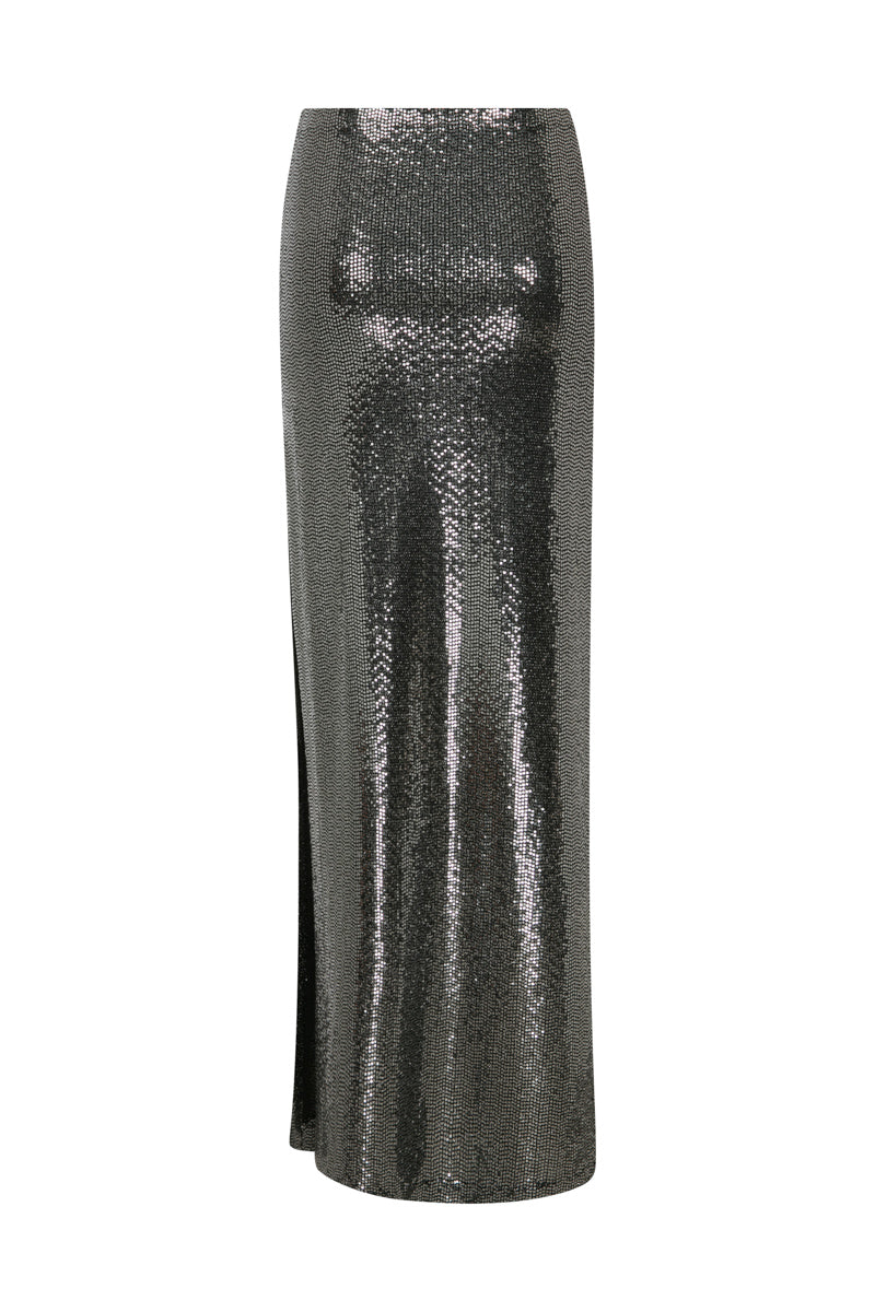 Tagg metallic mid-rise maxi skirt featuring a flowing fabric and stylish design, perfect for elegant and casual wear.