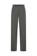 Gray pleated pants by TAGG, featuring a tailored fit and pleated design, shown hanging on a clothing rack.