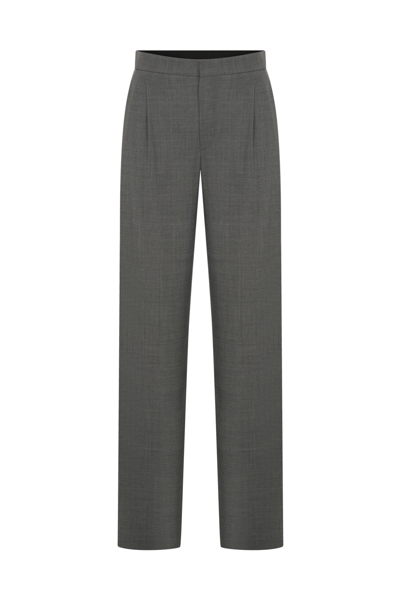 Gray pleated pants by TAGG, featuring a tailored fit and pleated design, shown hanging on a clothing rack.