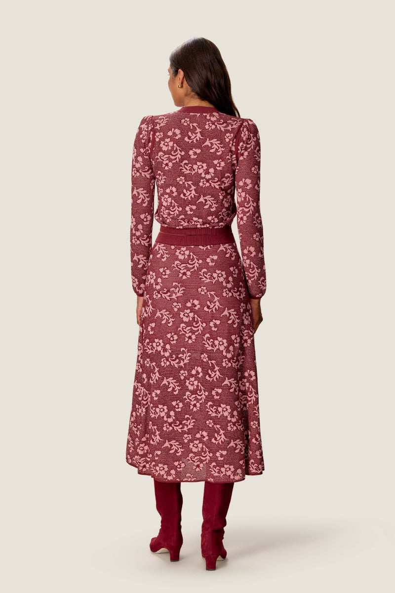 Rebecca Taylor Bryn jacquard midi sweater skirt in blush, featuring textured knit pattern and a stylish, versatile design.