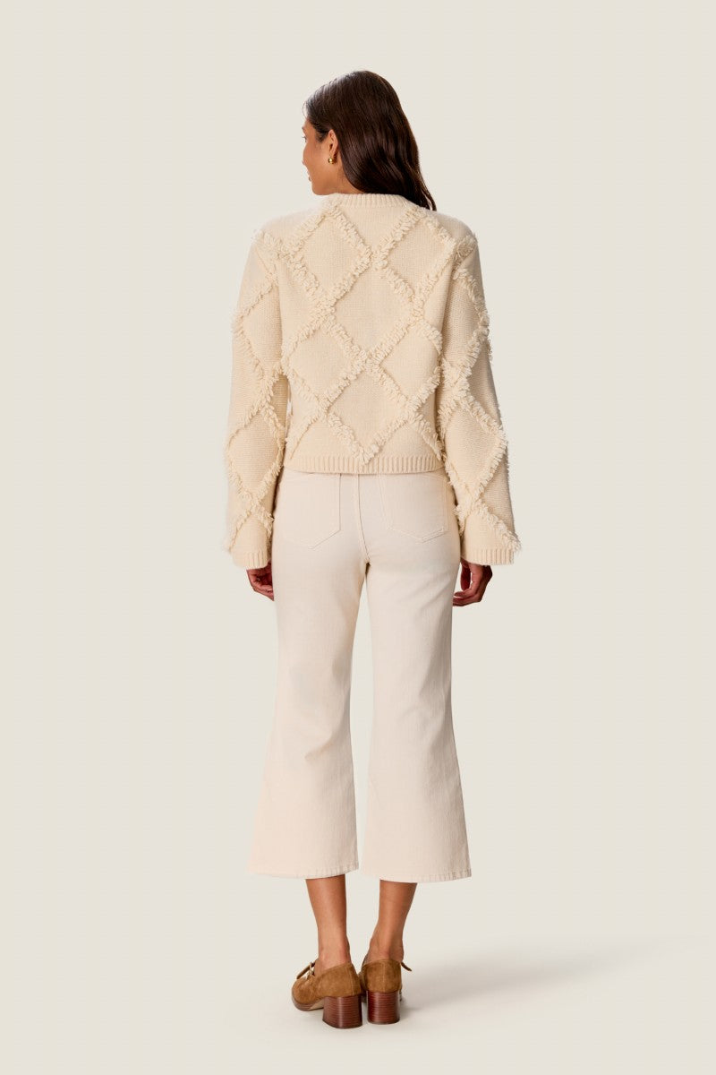 Rebecca Taylor Thea fringe sweater in alabaster, featuring a cozy knit with fringe details, perfect for stylish layering.