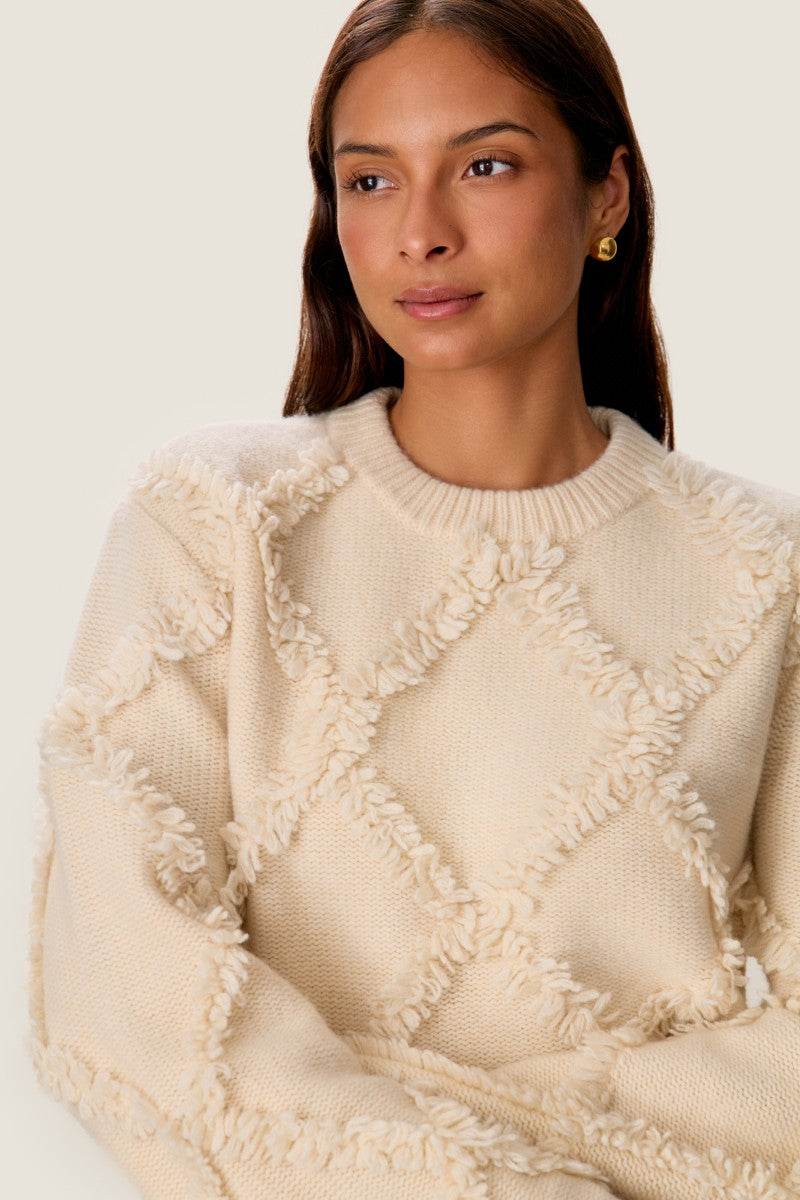 Rebecca Taylor Thea fringe sweater in alabaster, featuring a cozy knit with fringe detailing and a relaxed fit.