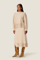 Rebecca Taylor Emelia fringe sweater midi skirt in alabaster, featuring a textured knit design and fringe detail.