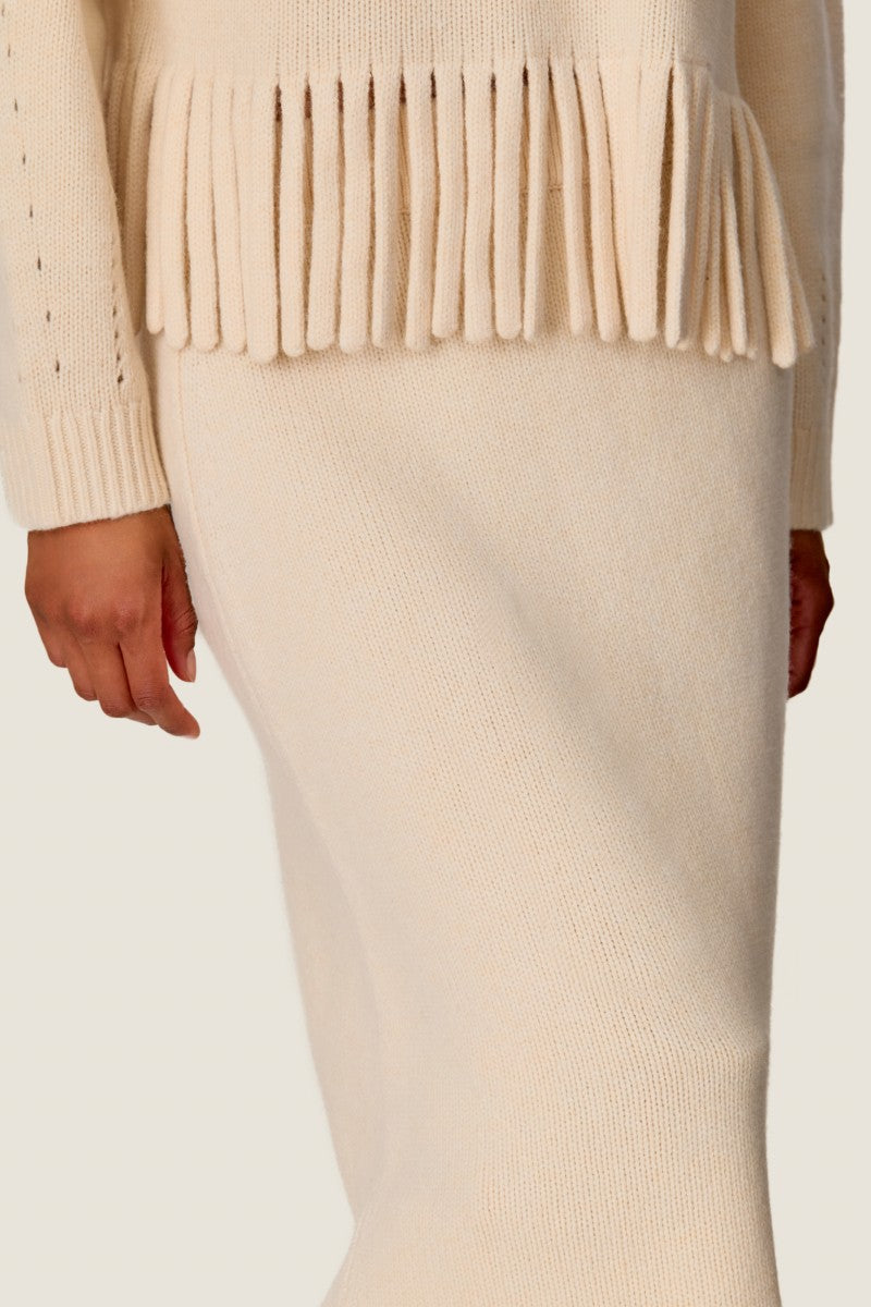 Rebecca Taylor Emelia fringe sweater midi skirt in alabaster, featuring a soft knit fabric and stylish fringe detail.