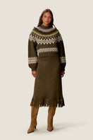 Rebecca Taylor Emelia fringe sweater midi skirt in olive, featuring a textured knit with fringe details, styled for a chic look.