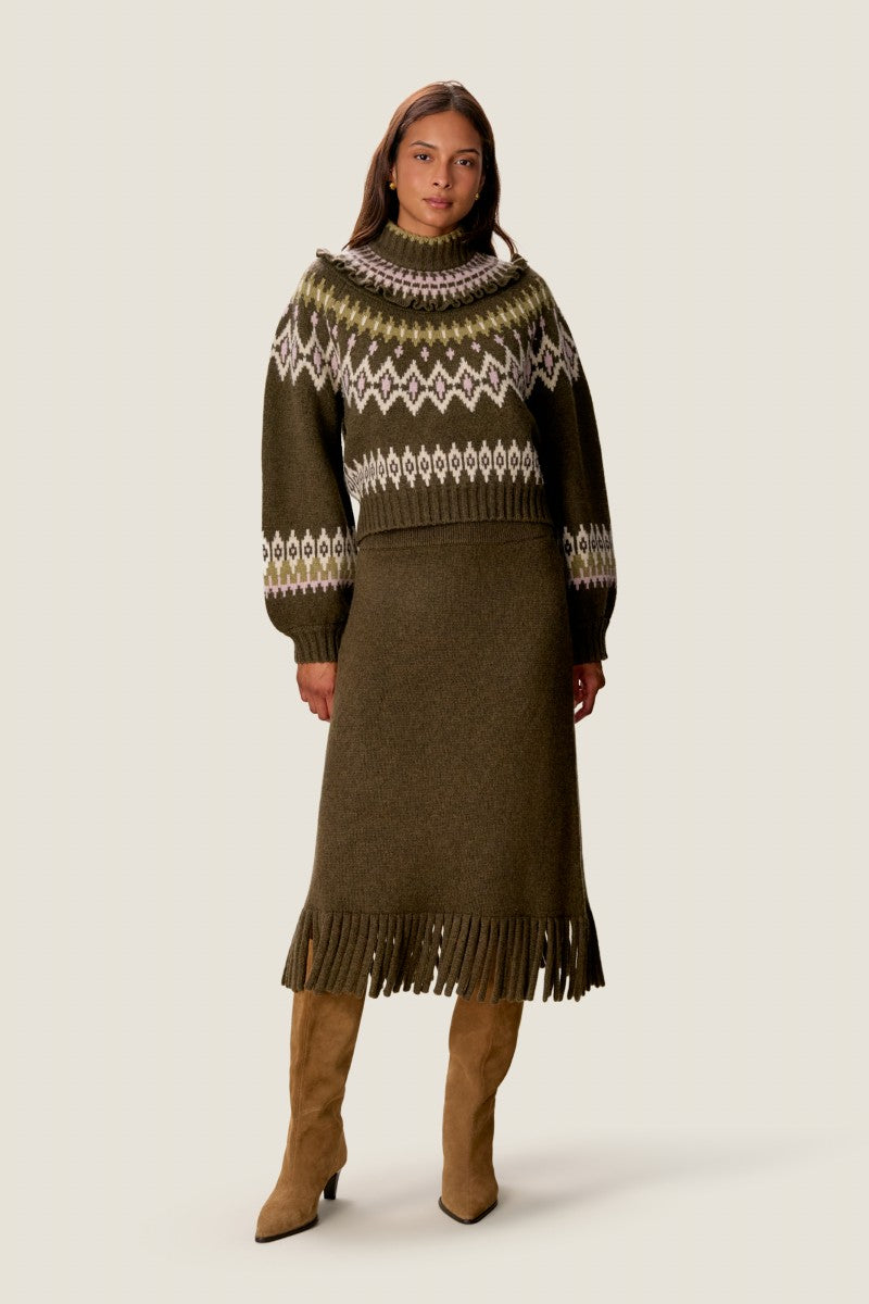 Rebecca Taylor Emelia fringe sweater midi skirt in olive, featuring a textured knit with fringe details, styled for a chic look.