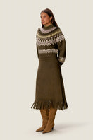 Rebecca Taylor Emelia fringe sweater midi skirt in olive, showing the textured knit fabric with fringe details at the hem.