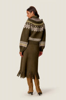 Rebecca Taylor Emelia fringe sweater midi skirt in olive, featuring a textured knit with fringe detailing at the hem.