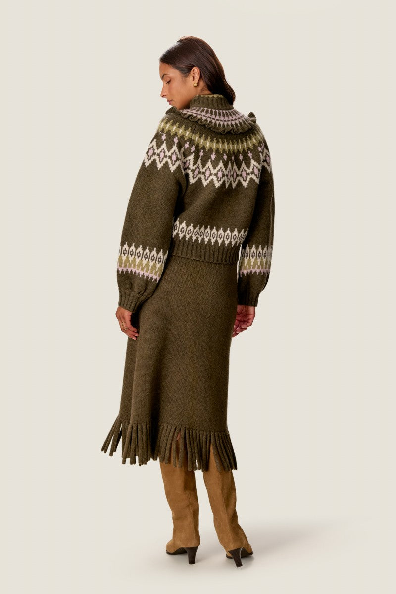 Rebecca Taylor Emelia fringe sweater midi skirt in olive, featuring a textured knit with fringe detailing at the hem.