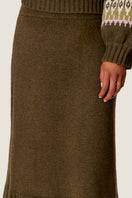 Olive Rebecca Taylor Emelia Fringe Sweater Midi Skirt with textured fringe detailing on a model.