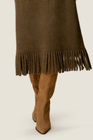 Rebecca Taylor Emelia fringe sweater skirt in olive, midi length with textured fringe detailing, styled for a casual chic look.