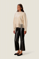 Rebecca Taylor Emelia Fringe Sweater in alabaster, featuring a cozy knit with fringe detailing, soft neutral color, and relaxed fit.