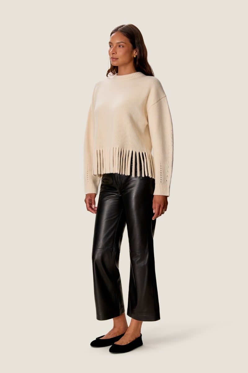 Rebecca Taylor Emelia Fringe Sweater in alabaster, featuring a cozy knit with fringe detailing, soft neutral color, and relaxed fit.