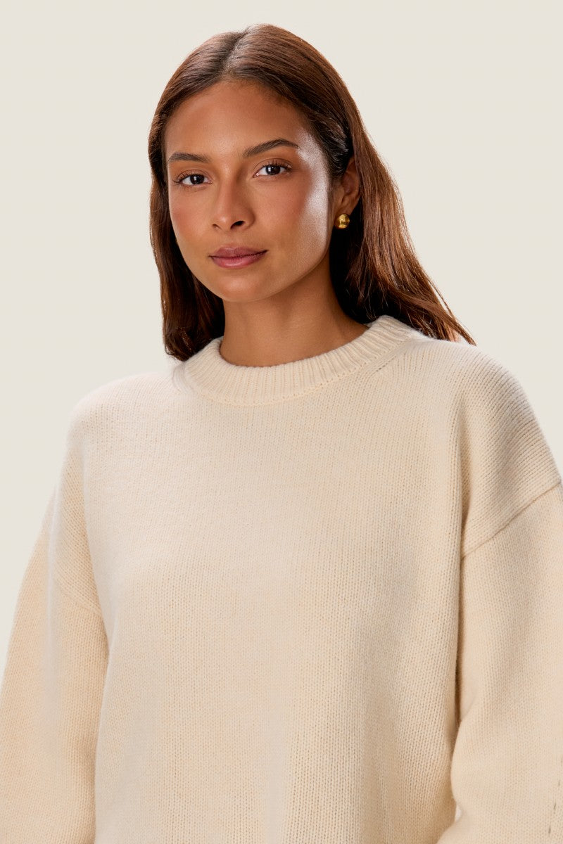 Rebecca Taylor Emelia fringe sweater in alabaster color, featuring soft knit fabric and stylish fringe detailing.