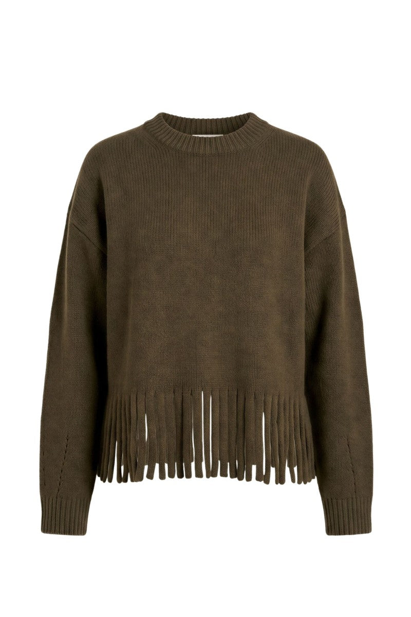 Rebecca Taylor Emelia Fringe Sweater in olive, cozy knit with fringe details, styled in a casual, relaxed fit.