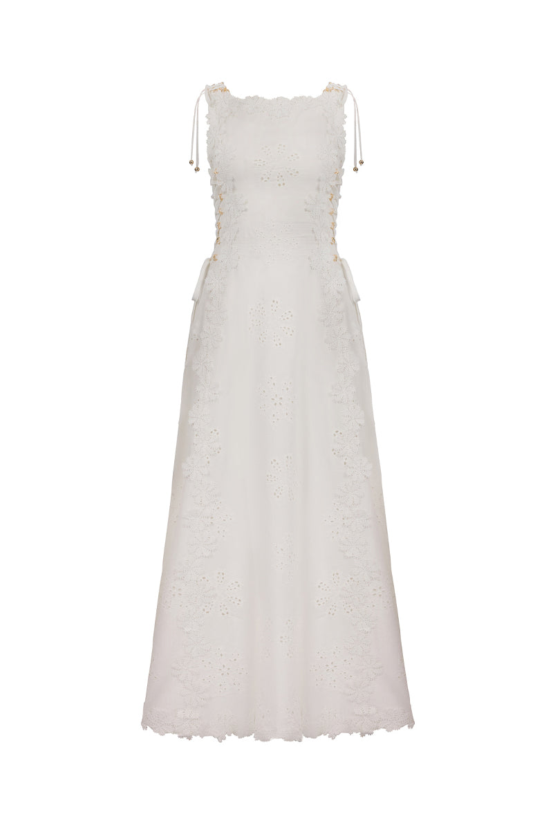 AISA LINDA midi dress in soft fabric, featuring a fitted bodice and flowy skirt, perfect for elegant daytime wear.
