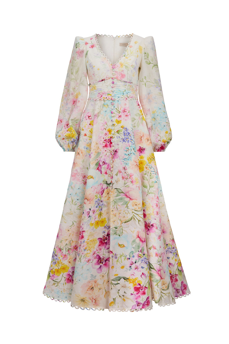 AISA Celina Maxi Dress in flowing fabric with a fitted waist and elegant neckline, perfect for summer occasions.