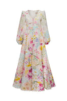 AISA Celina Maxi Dress in flowing fabric with a fitted bodice and ankle-length skirt, displayed on a hanger.