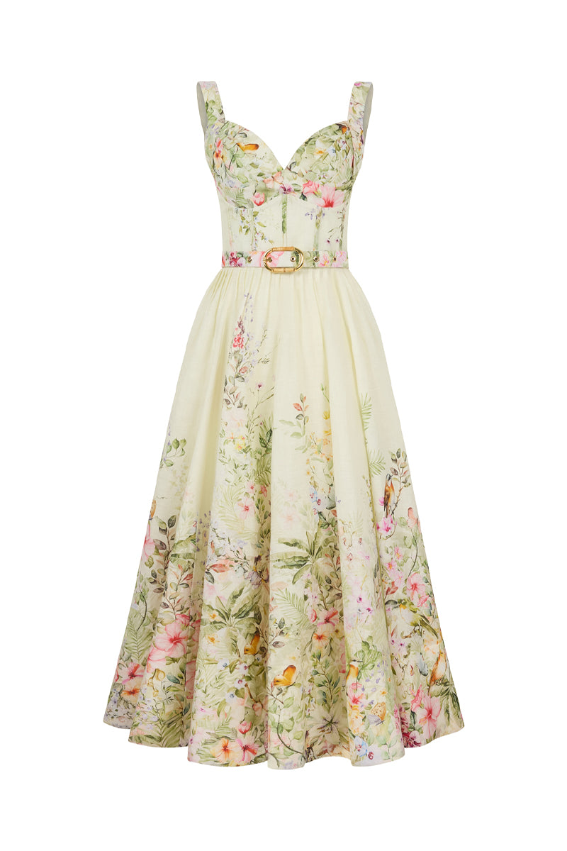 AISA Gardenia floral midi dress displayed on a hanger, featuring a vibrant garden-inspired print and flowing fabric.