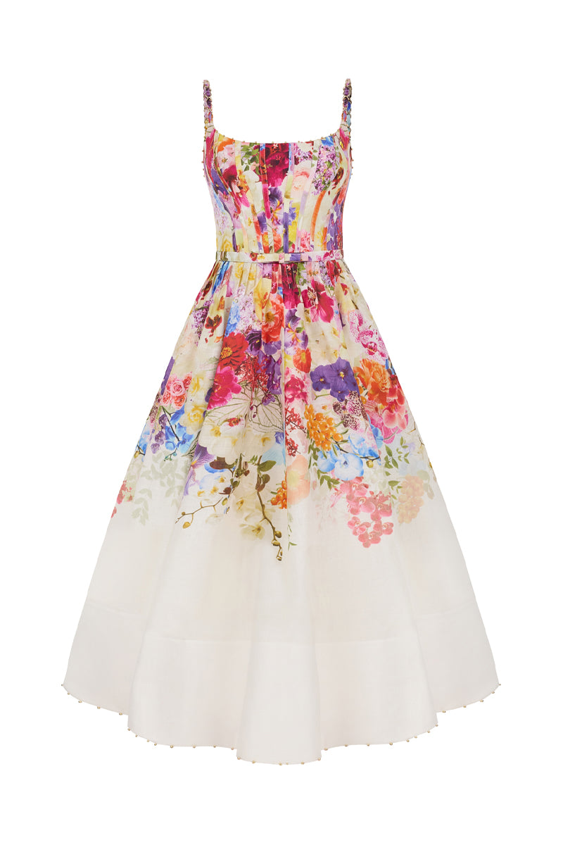 AISA Anemone midi dress with floral pattern, sleeveless design, and flowy fabric, displayed on a hanger.