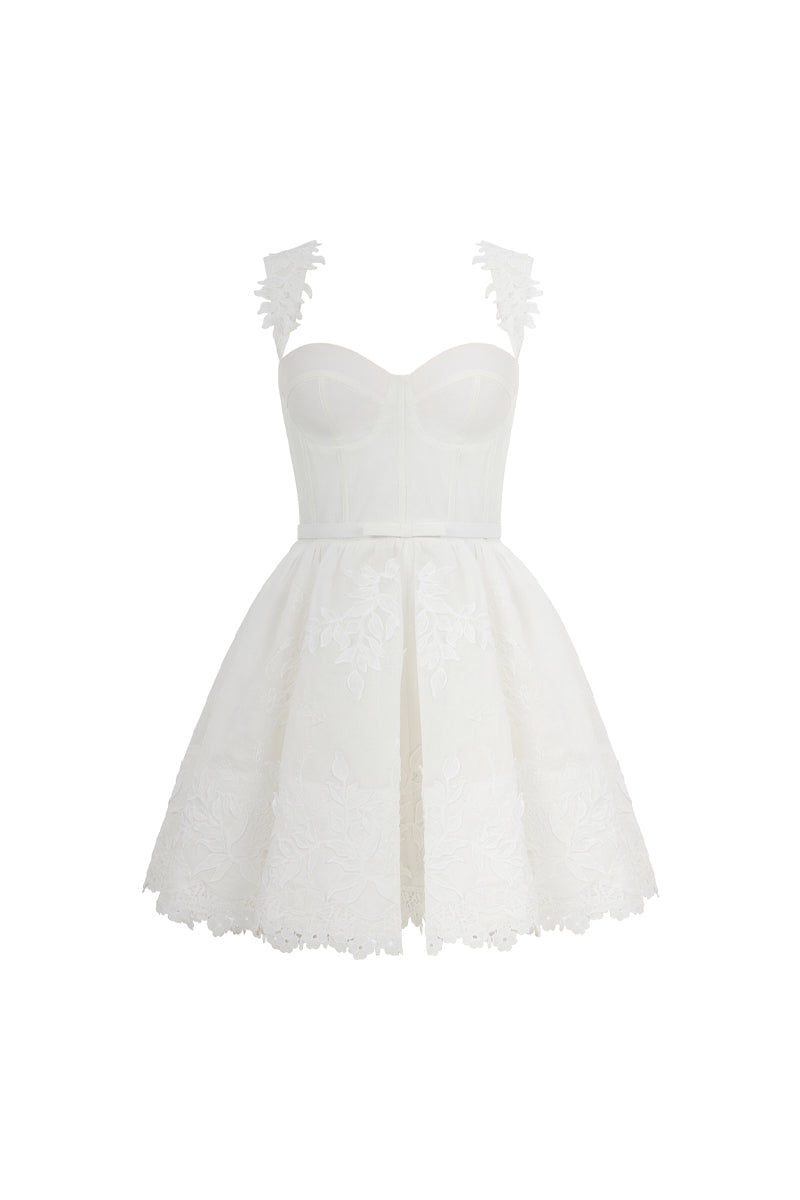 AISA Emma white mini dress featuring a stylish, fitted silhouette with short sleeves and a chic, modern design.