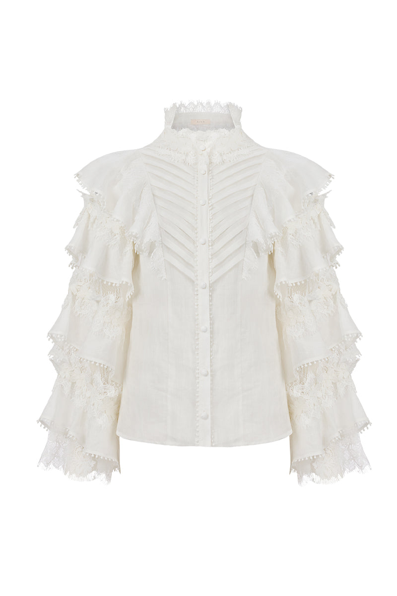 AISA Pearl Shirt in white with pearl embellishments, elegant button-up shirt for women, shown on a hanger.