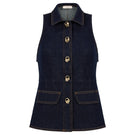 AISA Royce Denim Waist Vest in classic blue denim, featuring a sleeveless design and button closure.