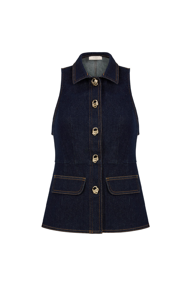 AISA Royce Denim Waist Vest in blue denim with front button closure and adjustable waistband, styled on a mannequin.