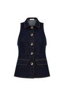 AISA Royce Denim Waist Vest in classic blue denim, featuring a sleeveless design and button closure.