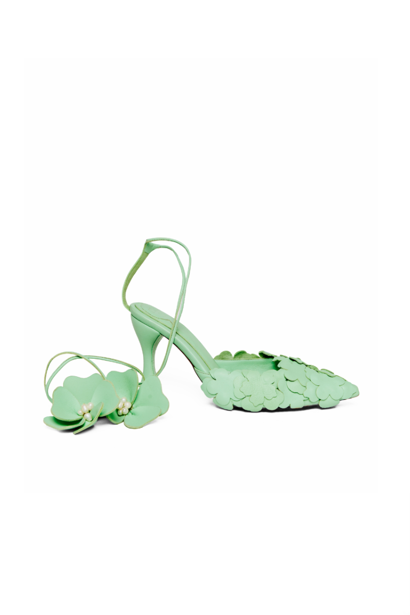 Side view of Christin Wu Yeesha heels showcasing stylish high-heeled footwear with elegant design and ankle strap.