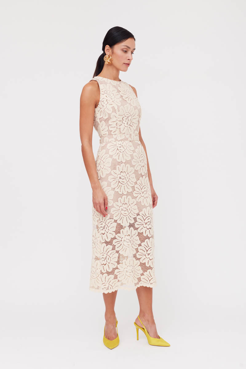 YEMA PASTEL FLORAL LACE CUT OUT BACK MIDI DRESS - CULT MIA