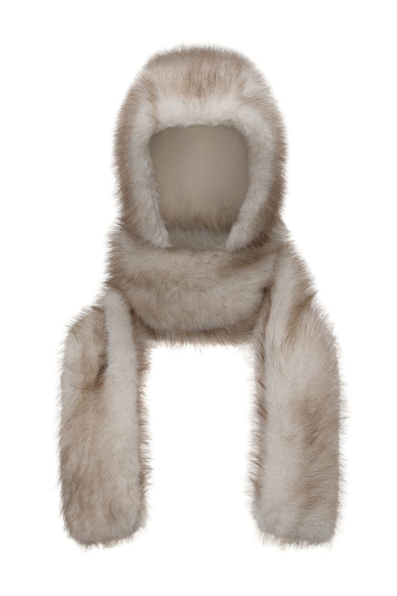 Chictopia faux fur hood scarf showcasing a plush, warm scarf with a hood, perfect for winter fashion and cozy outdoor wear.