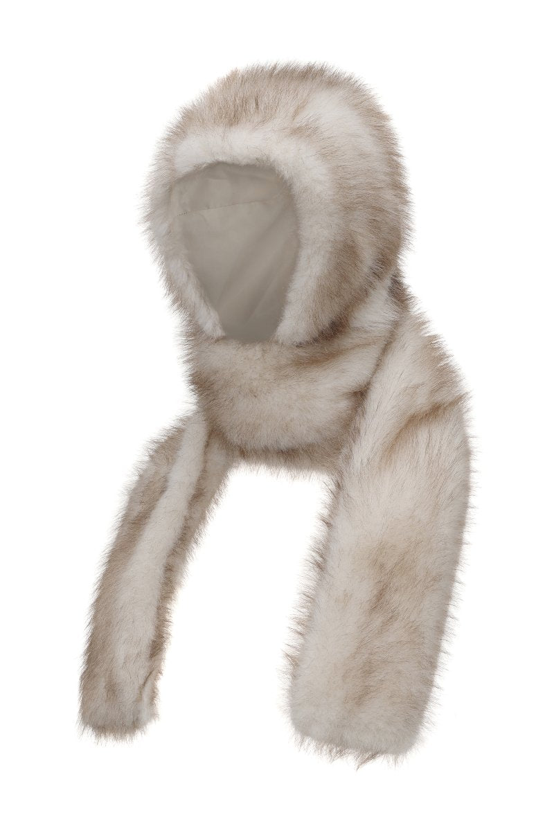 Chictopia faux fur hood scarf draped over a winter coat, showcasing soft, plush faux fur material and stylish hood design.