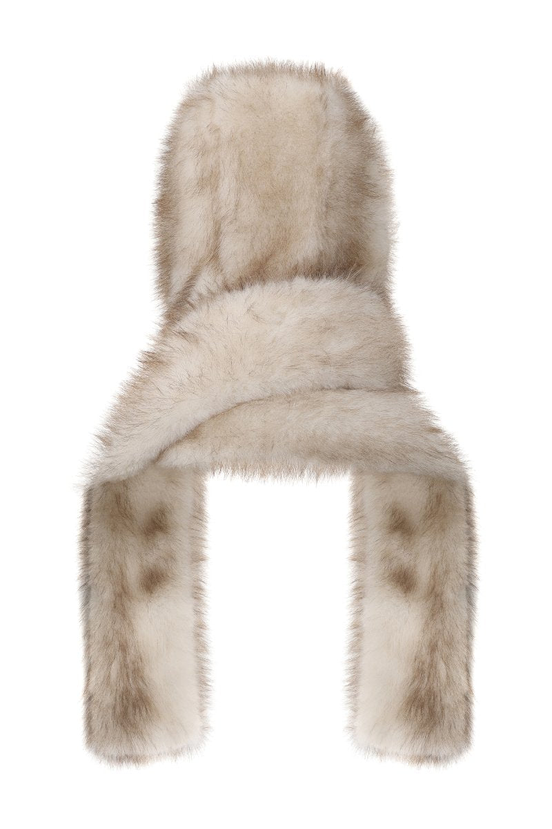 Chictopia faux fur hood scarf draped over a person, showcasing its plush texture and cozy winter accessory design.