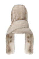 Chictopia faux fur hood scarf draped over a model's shoulders, showcasing soft, plush faux fur material and stylish design.