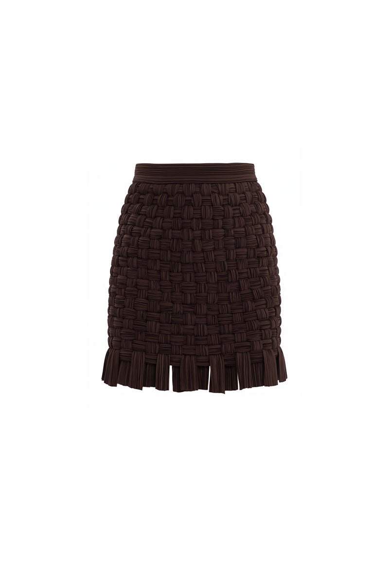 Brown Maylé Vásquez Yara mini skirt displayed on a hanger, showcasing its stylish design and fabric details.