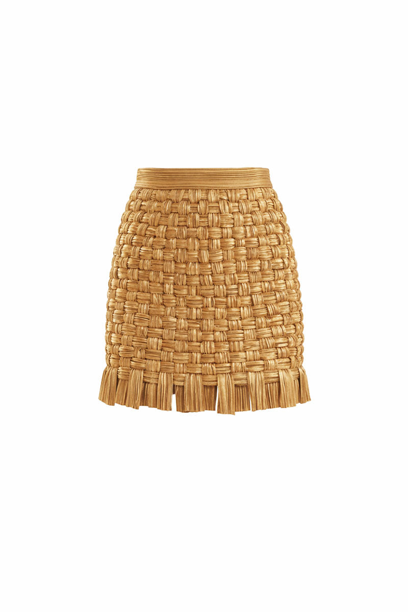 Gold shimmer mini skirt from the Yara Skirt collection by Maylé Vásquez, featuring a stylish and fitted design.