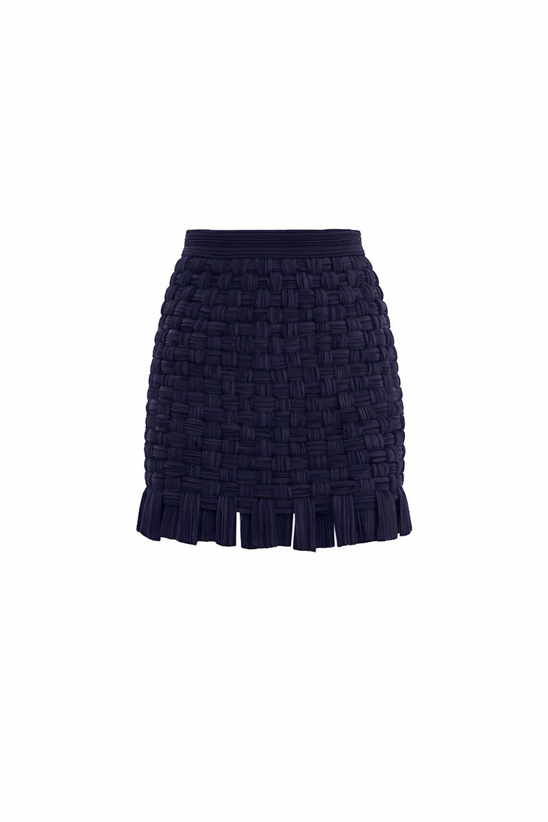 Midnight blue Yara mini skirt by Maylé Vásquez, featuring a stylish, fitted design with a smooth fabric finish.
