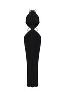 Black Yasmina maxi dress by Nana Jacqueline featuring an open back and flowing silhouette for elegant summer wear.