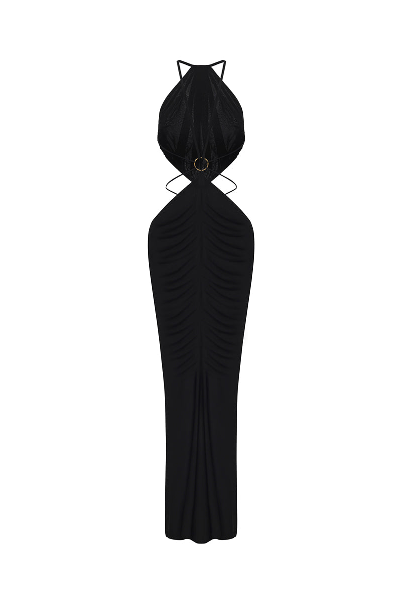 Black Yasmina maxi dress by Nana Jacqueline featuring an open back and flowing silhouette for elegant summer wear.