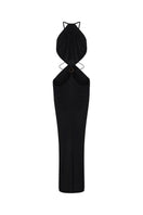 Black Yasmina maxi dress by Nana Jacqueline with an open-back design, showcased from the front in this elegant image.