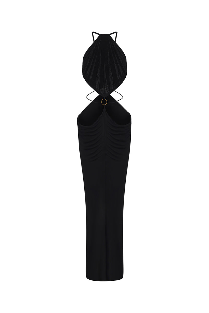Black Yasmina maxi dress by Nana Jacqueline with an open-back design, showcased from the front in this elegant image.