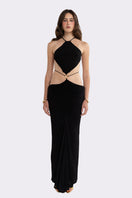 Black Yasmina maxi dress by Nana Jacqueline featuring an open back, elegant flowy fabric, perfect for formal or casual occasions.