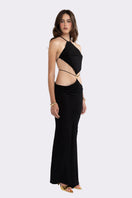Black Yasmina Maxi Dress by Nana Jacqueline featuring an open-back design and flowing silhouette.