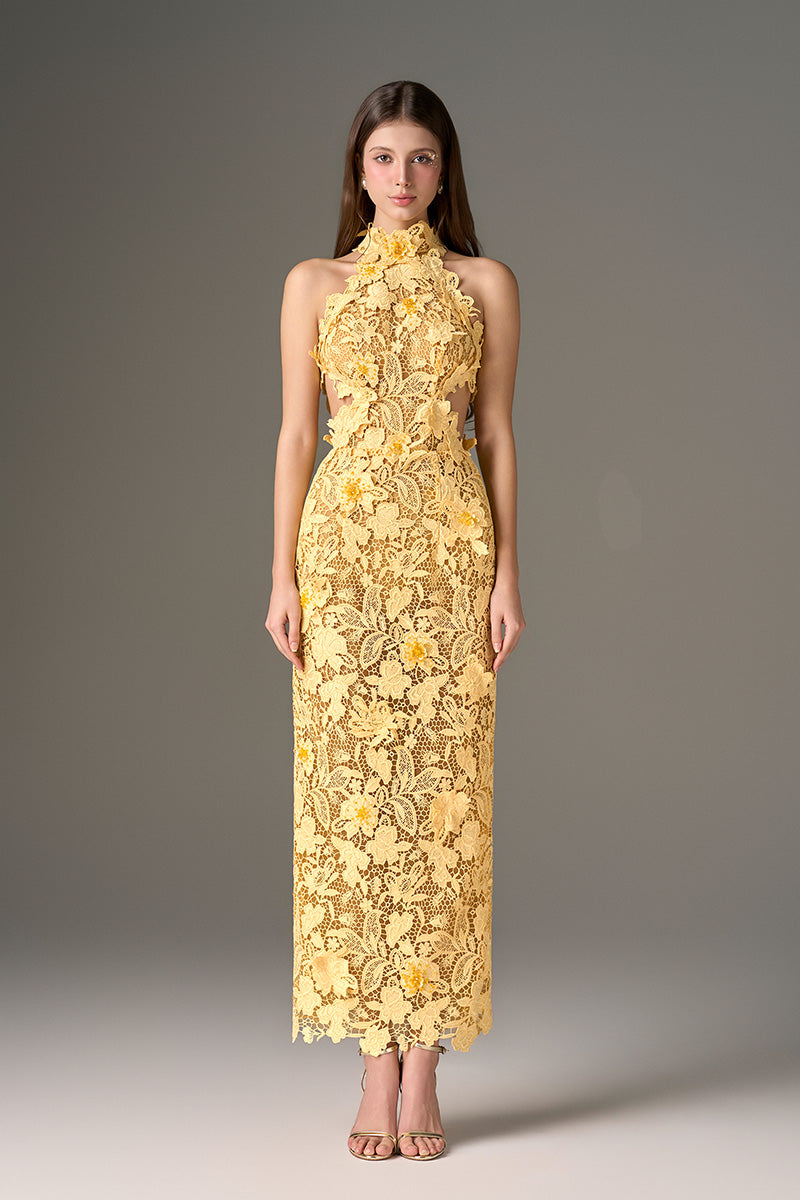 Yellow floral lace midi dress by I.H.F Studio with waist cut-out details, perfect for elegant garden or summer occasions.