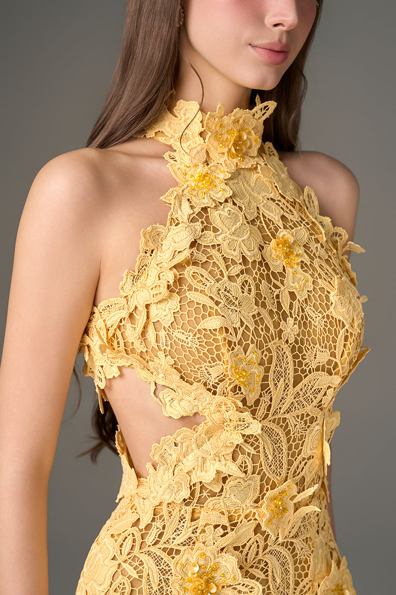 Yellow floral lace midi dress with waist cut-out details by I.H.F Studio, perfect for elegant garden or summer events.