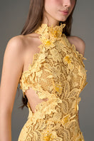 Yellow floral lace maxi dress with waist cut-out details by I.H.F Studio, perfect for elegant garden or summer occasions.