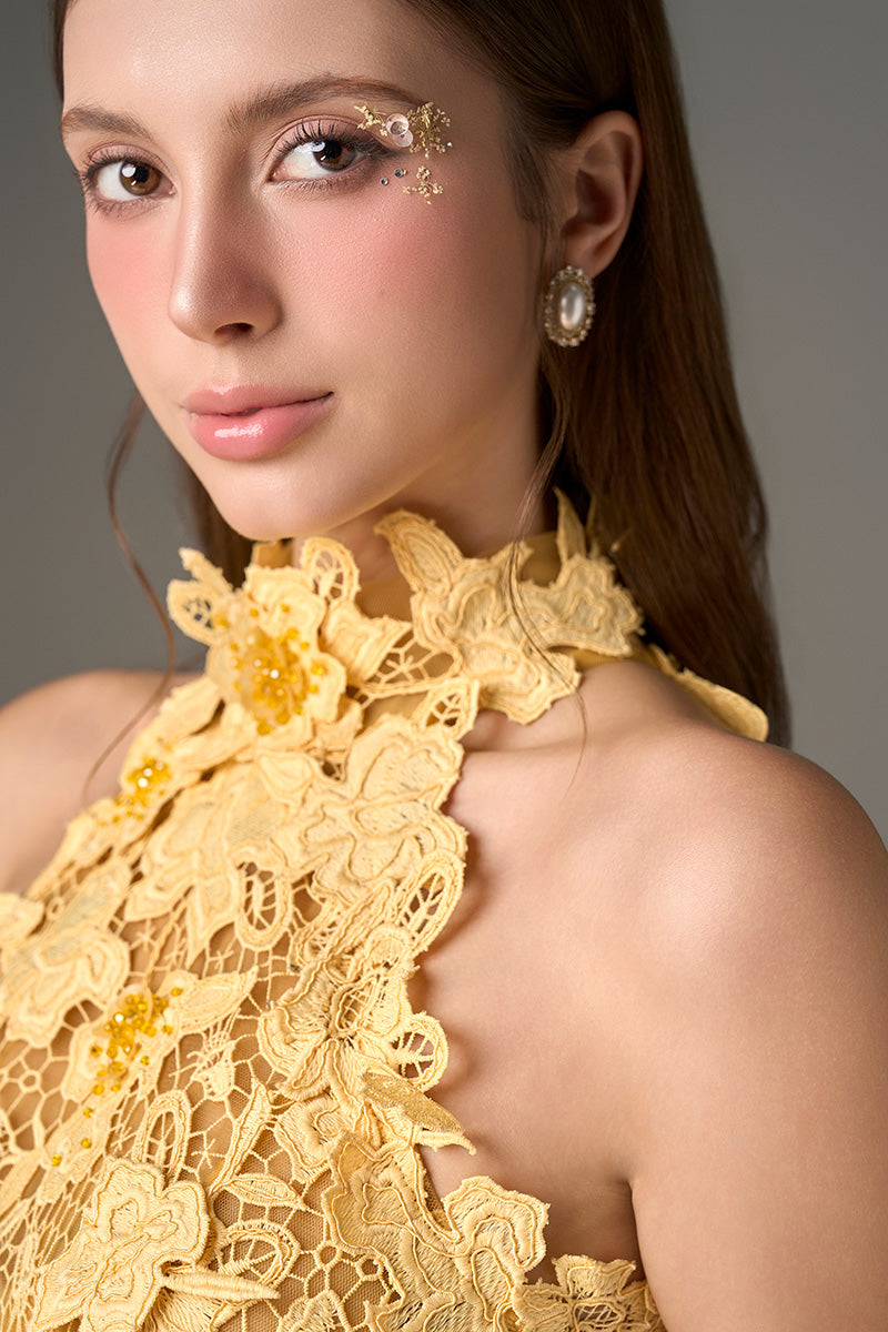 Yellow floral garden lace midi dress with waist cut-out details by I.H.F Studio, perfect for elegant occasions.